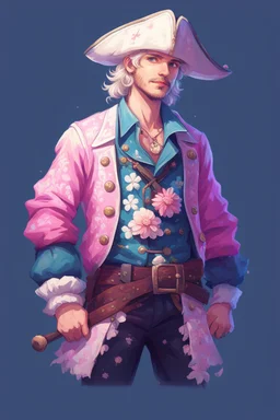 kind young sailor, man, white slightly curly hair, pirate shirt, pink-azure clothes, pink-azure cocked hat in cold tones, white floral pattern on jacket, flower in hair, stardew valley style