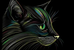 Line art, single drawn cat eye with multicolor line, black background