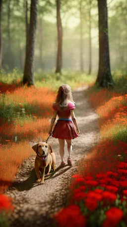 bright colorful with young girl walking in woods, lots of red flowers, with a yellow dog