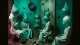 The Watchers with blue snails of the Empty Room, augmented reality, pantomim, masks, eerieland, abstract surrealism, glitter, calotype combineted transparent burgundy and pastel menta color, tintype , performance art