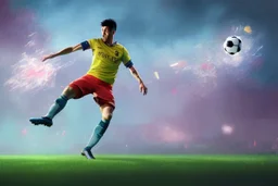 Oil painting, full body of a soccer player, he is kicking the ball, the ball is flying, bright but not neon colours, dynamic lines, dynamic blobs, spots, lines in the background of the character, splash like a colour explosion