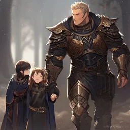 Boy wearing leather armor with family