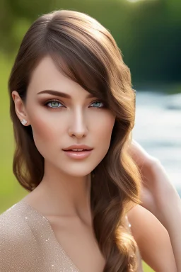 realistic, portrait and full body of a woman standing next to rocky river in country side, beautiful face with nice make up, sunlight, cinematic light, bangs, a beautiful woman, beautiful eyes, brown curved hair, perfect anatomy, very cute, princess eyes , (blue eyes) , nice sport shoes ,Centered image, stylized, life size,8k Resolution, low-cut dress with small blue details, human hands, wonder full, elegant, approaching perfection, dynamic, highly detailed, character sheet,