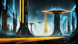 tron legacy movie, creatures,, space ships, city of the future, trees , forest, yellow, blue, red, orange