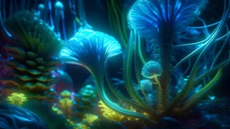 close-up of two magical bio-luminescent plants in a very strange otherworldly lush alien ecosystem with gigantic transparent and bio-luminescent plant like life forms, colorful, fantastical, intricate detail, 8k resolution, centered, matte painting, airbrush art, pencil sketch, award winning, masterpiece, crisp quality, sharp