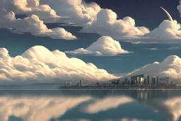 moon, clouds, distant modern contemporary city, lake, sci-fi, boat, epic