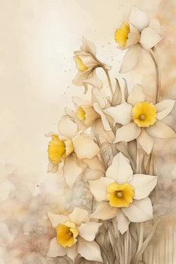 Close up of VIBRANT tattered flowers, daffodils IN AN ethereal beige setting, the setting is in a blend of old world aesthetics and ethereal creamy beige and white fantasy in a dreamlike ethereal zentangle illustration in the magical style of Charlene McNally and carne griffiths