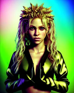 portrait, Shakira, blonde artist, angry, Realistic image, MMA robe, hoodie, mma gloves, fight pose, make-up make-up, gold line make-up, sweat, fog, goddess style, Neon colors, leds. Black background, photo studio, concept art, smooth, unreal engine 5, god lights, ray tracing, RTX, lumen lighting, ultra detail, volumetric lighting, 3d, finely drawn, high definition, 4k.