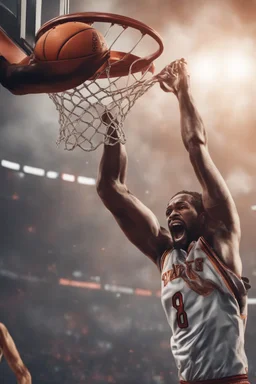 8k, highly realistic and detailed image of a NBA basketball player in action dunking the ball in the net, sweaty hair, screaming look,action and smoke and flames background