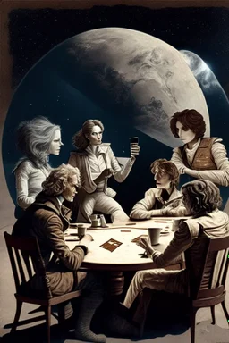 Captain Janeway, Einstein, Leonardo Davinci, Plato, and Amelia Earhart playing cards while drinking coffee sitting on the surface of the moon with Earth in the background