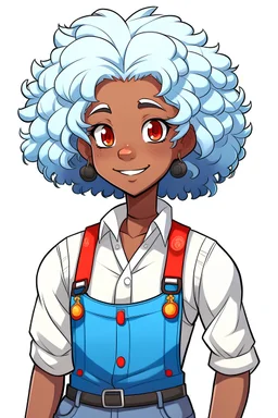 Garota negra vestida com um macacão branco e suspensórios azuis com cabelos cacheados brancos e olhos vermelhos estilo stardew valley