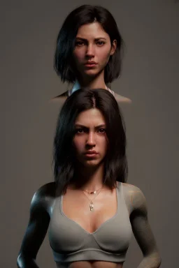 Ultra Realistic image, 25 years old brunette woman, Madrid, portrait, small stature, too small chest, yakuza body tattoo, vibrant color, highly detailed, art stations, concept art, smooth, unreal engine 5, god rays, ray tracing, RTX, lumen lighting, ultra detail, volumetric lighting.