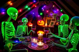 Glowing Halloween skeletons having a tea party in the haunted house attic. Colorful string lights and festive decorations create a spooky magical atmosphere