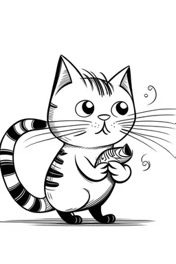 cartoon cat eating a fish. simple thin crisp lines. kids. black and white. no shading