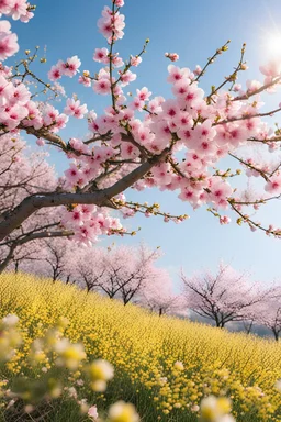 The real season when peach blossoms and rape flowers are in full bloom. Spring, sunny day. 8k ...