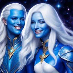 Plusieurs pleiadiens mâles et fememelles souriants à peau bleue et à long cheveux blancs