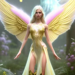 beautiful fairy very etheric, nice smiling, long blond hair, magic glamour pink make up, delicate colors, complete vision of very transparent golden and big wings, beautiful glamour transparent golden dress, ultra sharp focus, 8k, unreal engine 5, extremely sharp detail, light effect, soft light atmosphere, smooth, full of details, face in front, complete vision of face and hair and of the body