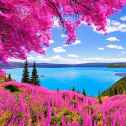 bright flowery landscape, cosmic atmosphere, blue lake, cascades, delicate flowers, perfect composition, 8k, super detailed,pink trees, complementary colours, intricate details