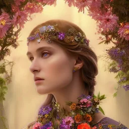 portrait,"Insanely detailed photograph of a beautiful nordic vestal priestess, pretty face, highly intricate dress,colorful flowers in hair,elegant, highly detailed hair, digital painting, artstation, concept art, smooth, sharp focus, illustration, art by artgerm and greg rutkowski and alphonse mucha, 8 k