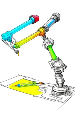 Draw a colorful cover image. What it's about is flexible link robotic arm with flexible joints that are drawing a three-dimensional model. Only display flexible robotic arms.