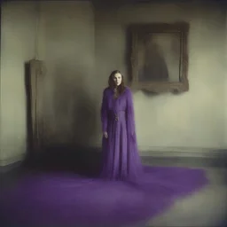 actress greta garbo , hippie girl, purple fur, in a liminal empty room, old autochrome