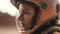 cinematic, female with astronaut close helmet, extreme close up Shot, sand - storm, mars desert, peach light, movie still style raw