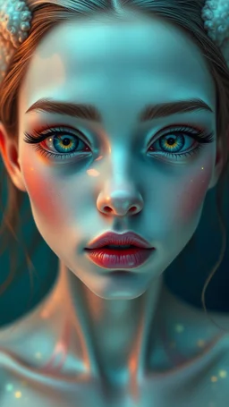 Highly detailed realistic surreal elaborate from chest up image of young women aquatic humanoid hybrid extremely glossy translucent almost transparent pale white skin big gleaming glossy reptilian like eyes extremely exaggerated long eyelashes small nose glossy small but very plump lips enlarged webbed fin ears she has luminicent jellyfish like aquablue pinkmint green with hints of yellow patterns on skin . Skin glows from within