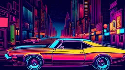 retro muscle car driving at night, neon, city