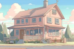 average suburban house in anime visual novel style muted colours