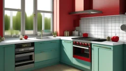 kitchen with celadon red furniture, on the left side by the window from the bottom up, a microwave and an oven installed in the furniture, and on the right side and next to it an induction hob and a cooker hood above it, on the right side there is a sink and a dishwasher underneath it