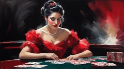 impressionist oil painting smooth brush strokes "head and shoulder" beautiful woman sitting at poker table elegant red tulle and shiny dress, red jewelry black hair in a bun, big hanging curls, slight smile, eyes downcast, long eyelashes cards in hand dark background other small cards flying around her some deteriorating grainy noise falling particles, backlight