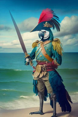 Half parrot half human in a 1700s military uniform holding a sword next to the ocean