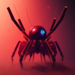 portrait painting of a cyberpunk red robot spider, ultra realistic, intricate details, ultra highly detailed, shiny, smooth, studio quality, octane render, Surrealism, Triadic colour scheme,glow-stick, ambient lighting,nightclub lighting, polaroid, 100mm, --ar 1:1 --v4