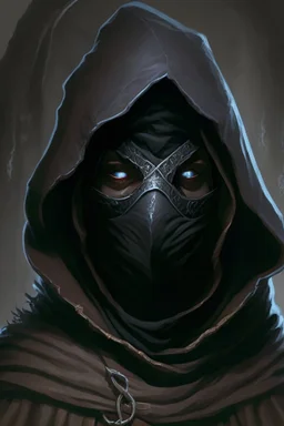 dungeons and dragons man wearing black robes and hood wearing a mask with eyeholes