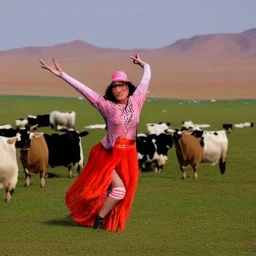 a disco girl dancing in the mongolian desert with cows and squirrels