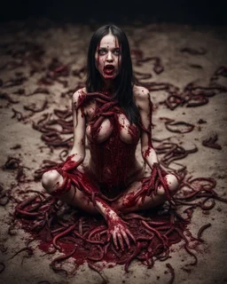 Petit weird woman with many worms from his body, sit pose, fullbody, splashes blood, behind guts rising from the ground, darkred tones, macro photography,