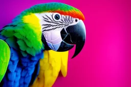 photorealistic, 85mm photo, studio lighting, parrot, by lisa frank, polychromatic colors, thick, rose quartz, dark background