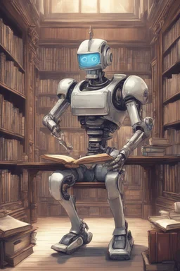 A huge library is serviced by computers, and there are many books on the shelves. The robot is sitting on a chair at the table and holding an antique book in his hands. Expression. High-quality drawing, 8K