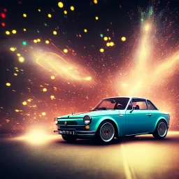 fiat 125p, city. high speed. bokeh. lens flare. warm lights. high detailed