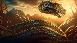 python facing a dragon scene, intricately detailed faces, long shot, professional photography, a breathtaking background, natural environment, cinematic side light, shot on DSLR 64 megapixels sharp focus, canon lens, realistic, concept art, 16k resolution