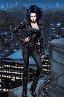 Goth_punk style,dynamic pose, full body ,((on top of a rooftop at night)), blue and black hair mix, shiny eyes, dark lipstick, goth black leather jacket with spiky decorations, blue shirt, black leather tight pants, combat boots with spiky decorations, goth black belt with spiky decorations, sharp focus, detailed, intricate detail, splash screen