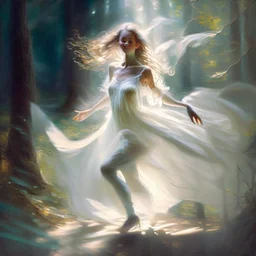 A sweet delicate music surrounding a gracious girl dancing barefoot in a forest, detailed beautiful face, she's wearing a white transparent dress, looks like a painting, volumetric lighting, depth of field