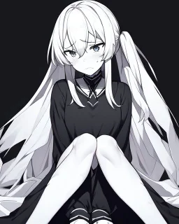 hurt, black and white, anime girl sitting with full-black background