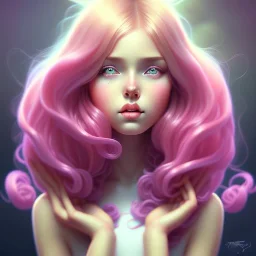 girl, beautiful, cute, long pink hair with bangs, brown eyes, Cyril Rolando:1.2 Norman Rockwell:1.25 Steve Henderson:1.3 Albert Lynch:0.8 Alphonse Mucha:0.5