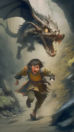 hobbit running away from a dragon