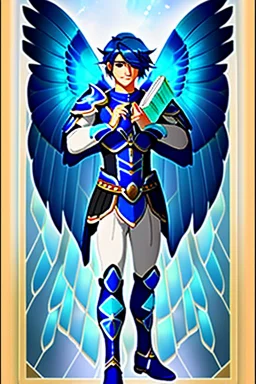 a human male with blue short hair and blue wings in an assymetrical armor with geometric patterns and a book in hand