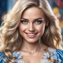 (best quality, 4k, 8k, highres, masterpiece:1.2), ultra-detailed, (realistic, photorealistic, photo-realistic:1.37),hyper realistic, gorgeous smiling 1woman,long hair,looking at viewer,realistic proportions,blue eyes,hair ornament,dress,very long hair,flower, blonde hair,parted lips,necklace,white dress,orange hair,lips,blurry background,freckles,realistic,head wreath,orange flower,realistic portrait