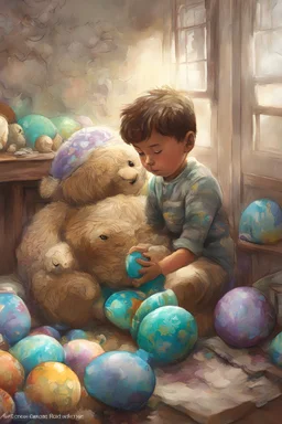 full color - a little boy and his stuffed teddy bear coloring Easter eggs - Science Fantasy art by Aaron Blaise