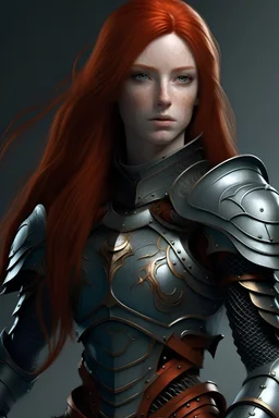 female with long red hair, blue eyes wearing metal armor whole body