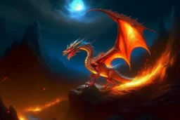 Whole dragon with great fiery wings made of fire on a steep rocky landscpe with a ravine on a full moon and shooting stars